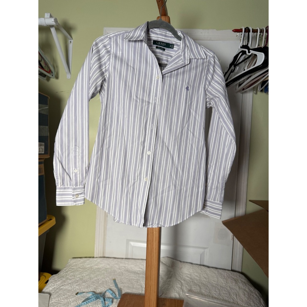 Lauren Ralph Lauren Womens XS Non Iron Striped Button Down Shirt Purple White